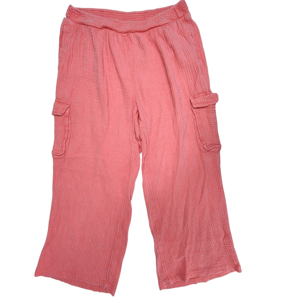 Aerie Pink Gauze Cargo Pants XL Regular Wide Leg Elastic Waist Coral Relaxed Fit